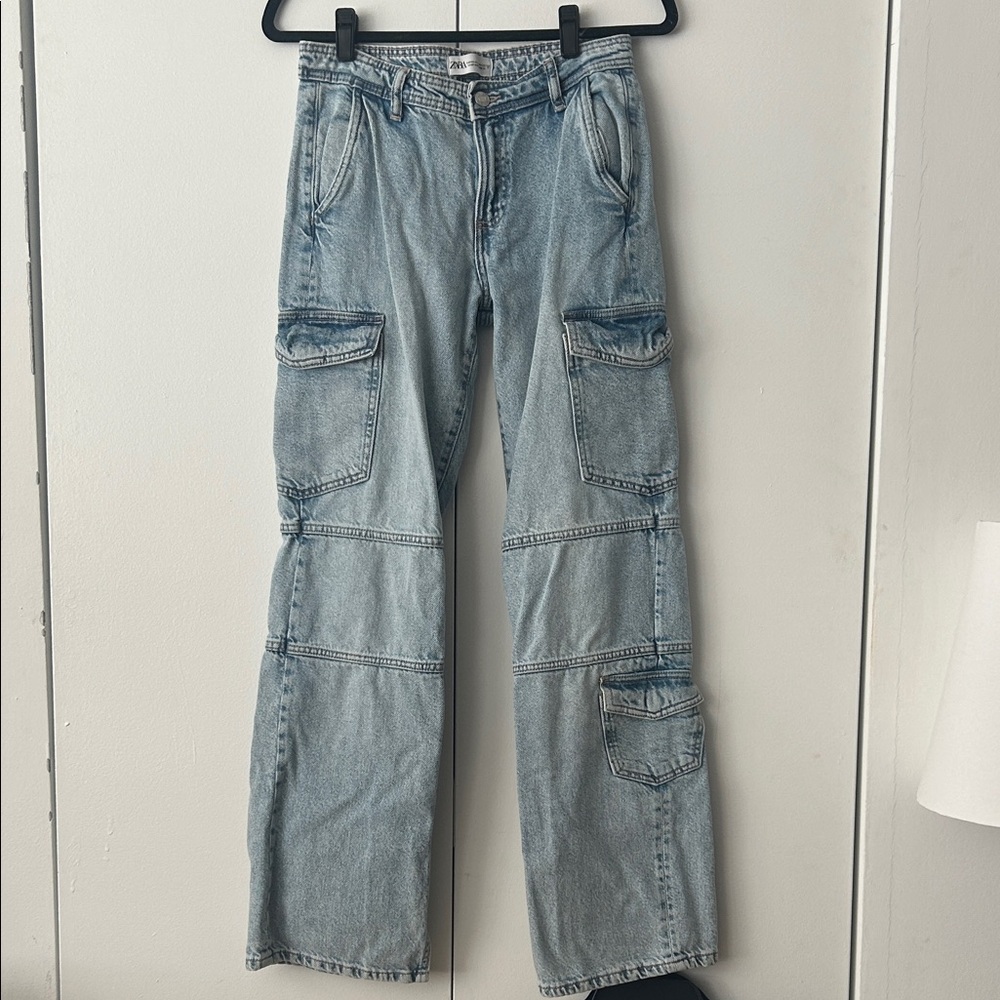 Zara Denim Blue Wide Leg Cargo Jeans